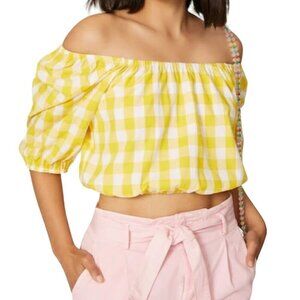 Color Me Courtney Shirt Women Small Yellow And White‎ Gingham Cropped Kris Top